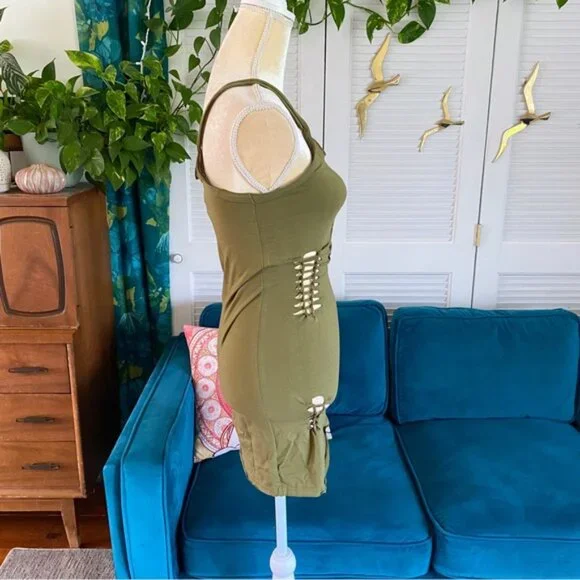 Urban Outfitters UO Slit Cut Out Macrame Mini Dress Olive Army Green New Medium - Picture 9 of 16